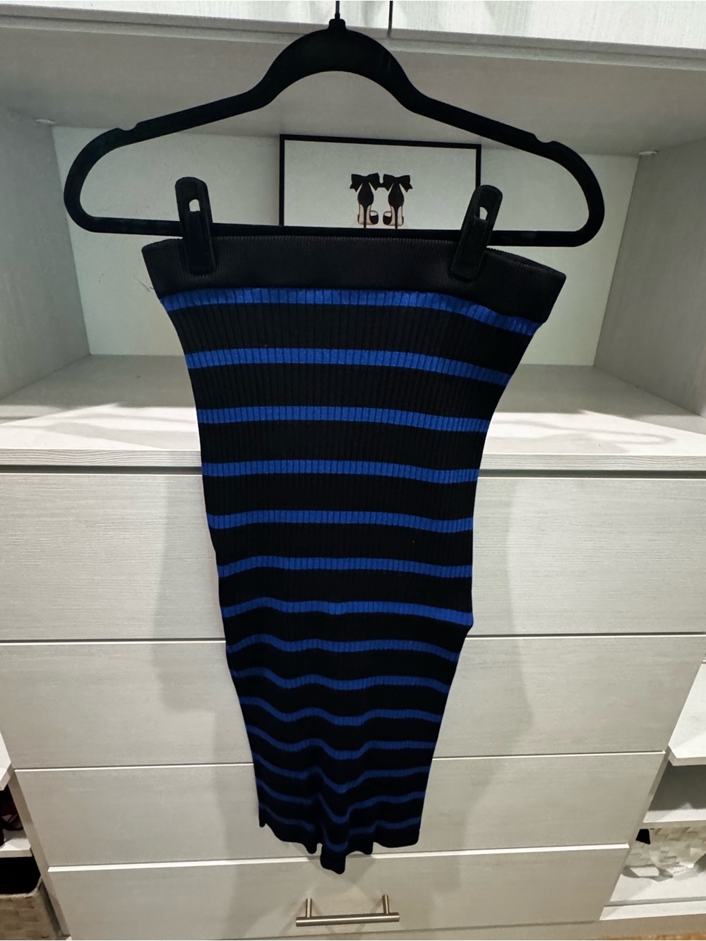 Gabrielle Union NY&Co Black Blue Stripe Ribbed Knit Midi Pencil Skirt Back Zip